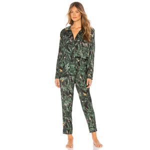 NWT Revolve Plush Silky Jungle Print PJ Set Size XS Color: Emerald Green Jungle